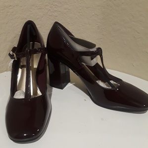 Burgundy patent leather T-strap heel